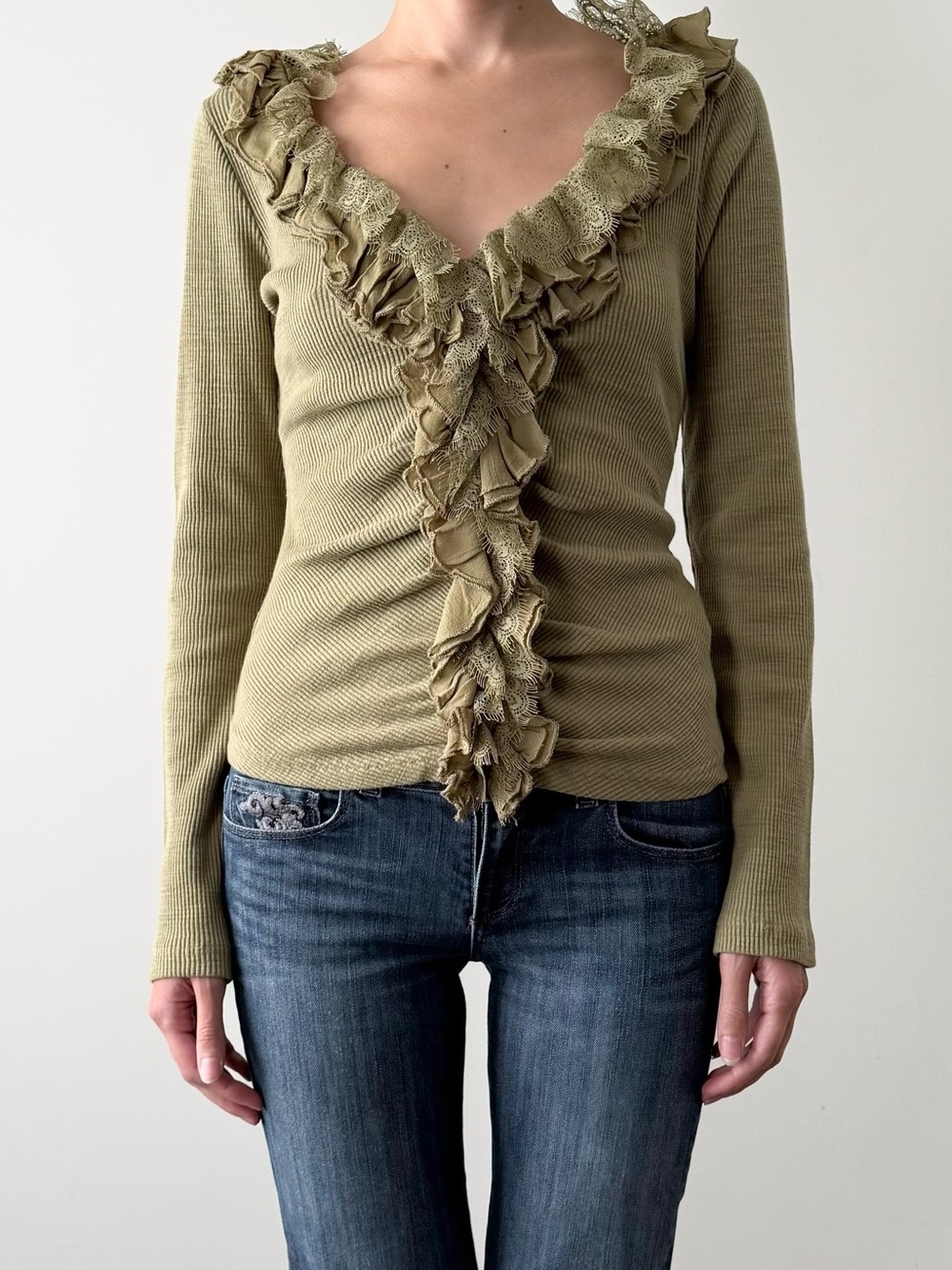Anthropologie green lace ruffle knit cardigan